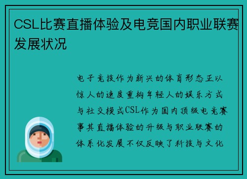CSL比赛直播体验及电竞国内职业联赛发展状况